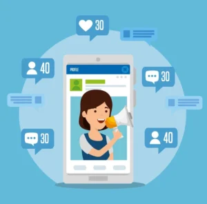 Imagem ilustrativa de uma garota interagindo em um smartphone sobre Facebook Ads. Mostra ícones de likes e comentários em um fundo azul.