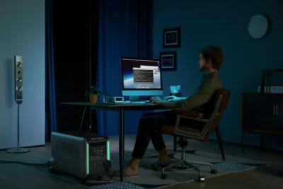 Homem sentado em uma mesa de trabalho moderna, utilizando um computador enquanto trabalha em um projeto de sitemap XML, ambiente iluminado suavemente.