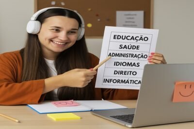 Pessoa apontando para o item "Grapes" em lista de frutas enquanto estuda com materiais de apoio