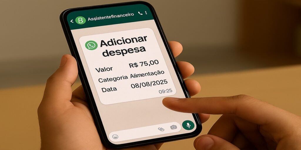 Pessoa usando aplicativo de assistente financeiro no celular para registrar despesa de alimentação