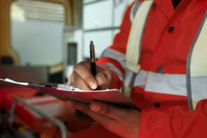 Profissional em uniformes de segurança técnica realiza anotações para elaboração do Laudo Técnico para Sistema de Prevenção e Combate a Incêndio, documento obrigatório para órgãos reguladores.