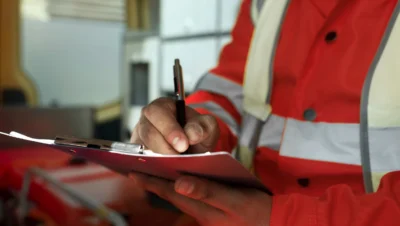 Profissional em uniformes de segurança técnica realiza anotações para elaboração do Laudo Técnico para Sistema de Prevenção e Combate a Incêndio, documento obrigatório para órgãos reguladores.