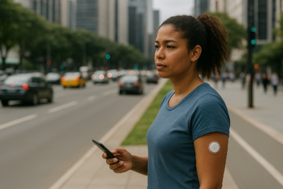 Uma jovem em pé na calçada de uma avenida movimentada segura um celular na mão direita e olha pensativa para frente. Ela veste camiseta azul e usa um sensor de glicose visível no braço esquerdo. Ao fundo, carros trafegam pela via e prédios modernos cercados por árvores completam o cenário urbano.