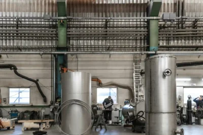 Imagem de uma fábrica com equipamentos industriais e trabalhadores, ilustrando a otimização de processos e redução de custos na produção industrial.