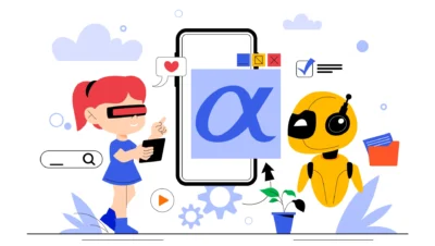 Ilustração de uma menina usando óculos de realidade virtual, interagindo com um robô amarelo que representa inteligência artificial, em um cenário com ícones de tecnologia e conteúdo digital. Destaca aplicações práticas de IA em estratégias de conteúdo.