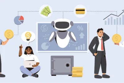 Imagem ilustrativa sobre o uso de inteligência artificial para redefinir estratégias comerciais, mostrando pessoas, gráficos e um robô, destacando inovação em negócios.