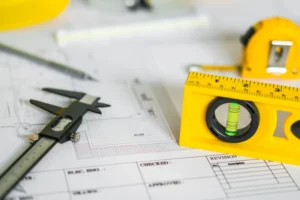 Ferramentas de medição, como régua e compassos, sobre projetos técnicos, exemplificando os fatores essenciais na avaliação de materiais para projetos de longa duração.