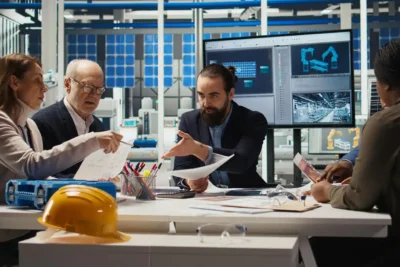 Profissionais discutindo práticas que unem segurança, durabilidade e eficiência em operações industriais, com equipe analisando dados e projetos.