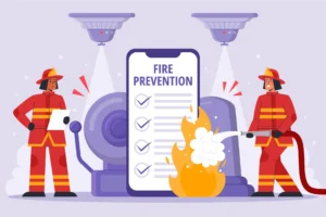 Ilustração de bombeiros de roupa vermelha realizando um projeto de prevenção de incêndio, com smartphone exibindo uma lista de verificação, elementos de segurança contra fogo e câmeras de monitoramento ao fundo.