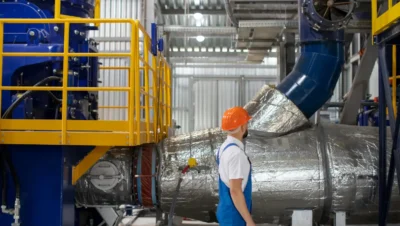 Equipamentos de resfriamento industriais em operação, com profissional inspecionando componentes de sistemas de arrefecimento eficientes e tecnológicos.