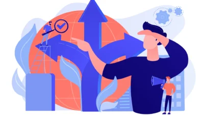 Ilustração representando a importância de medições precisas como base para decisões estratégicas, com gráficos, setas ascendentes e uma pessoa usando megafone.