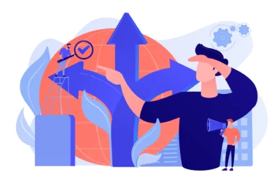 Ilustração representando a importância de medições precisas como base para decisões estratégicas, com gráficos, setas ascendentes e uma pessoa usando megafone.