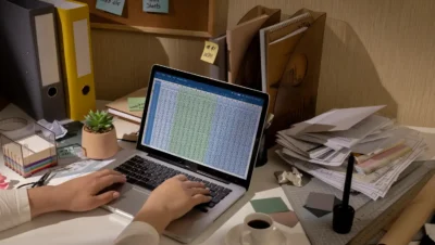 Ambiente de trabalho organizado com computador exibindo planilhas, documentos, materiais de escritório, e itens de rotina empresarial, destacando a importância da padronização e eficiência.