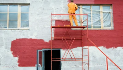 Profissional aplicando pintura de fachada predial com escada e tintas vermelha e branca, visando melhorar a durabilidade e estética do edifício.